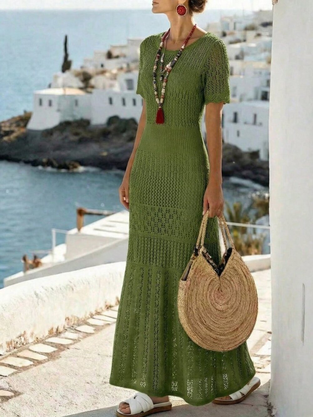 Army Green Casual Women's Knitted Dress with Hollow-Out Detail